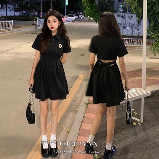 Cocorygirl Đầm Nữ Dáng Chữ A Màu Đen Tay Ngắn Thời Trang Mùa Hè