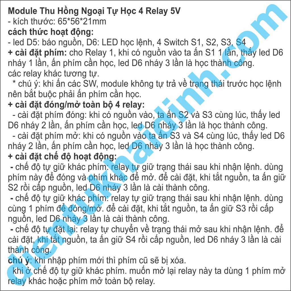 Module Thu Hồng Ngoại Tự Học lệnh 4 Relay, 5V/12V kde2823