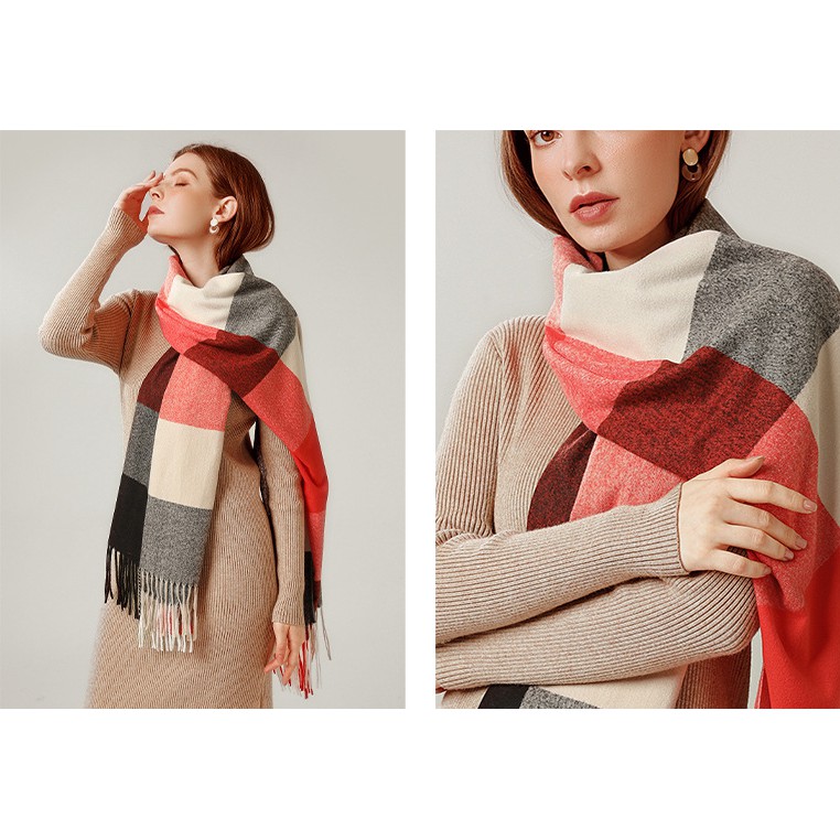 Khăn quàng cổ mùa đông Cashmere kẻ sọc choàng cổ trùm đầu giữ ấm Nam nữ hàng Cao Cấp
