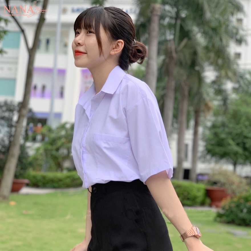 Áo sơ mi nữ trắng xanh đi học tay ngắn form rộng có túi ngực cổ bẻ V kiểu áo sơ mi trắng nữ cộc tay học sinh đi học đẹp