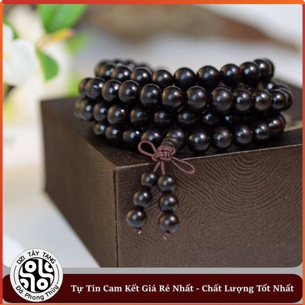 Chuỗi Đeo Tay Vòng Phong Thuỷ 108 Hạt, Gỗ Mân Đuôi Công Gỗ Cánh Gà Tự Nhiên Size 6, Size 8Mm - Dzi Tây Tạng