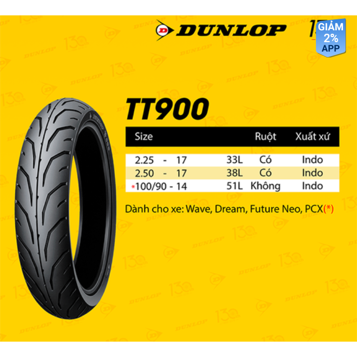 Combo cặp Lốp vỏ xe máy Future hãng Dunlop size 2.25-17 và 2.50-17 TT900