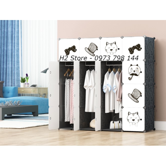 XƯỞNG TỦ LẮP GHÉP GIÁ RẺ ĐỂ ĐỒ THÔNG MINH 16 Ô CỬA MÈO NƠ DỄ THƯƠNG CHO TRẺ sâu 47cm