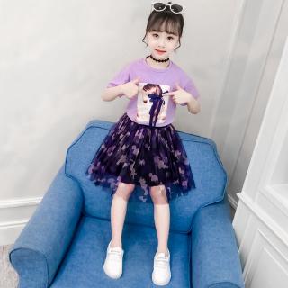Áo thun họa tiết hoạt hình + chân váy lưới thời trang cho bé gái