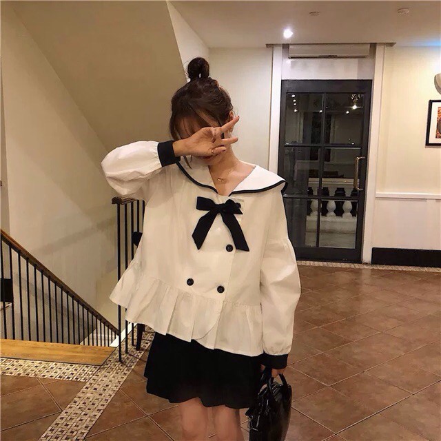 ORDER Set Áo peplum thắt nơ cổ bèo & chân váy xếp ly ngắn