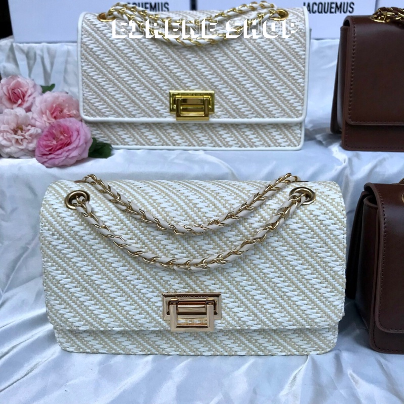 Túi Nữ khoá gạt Size 24 bản new màu nâu và màu ngà dạ tweed