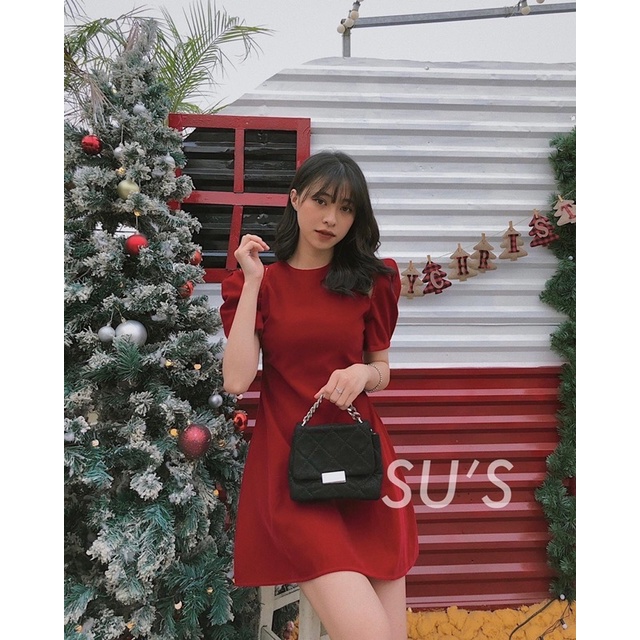 Váy nhung cổ tròn xẻ vai tay bồng V578 SUSTORE