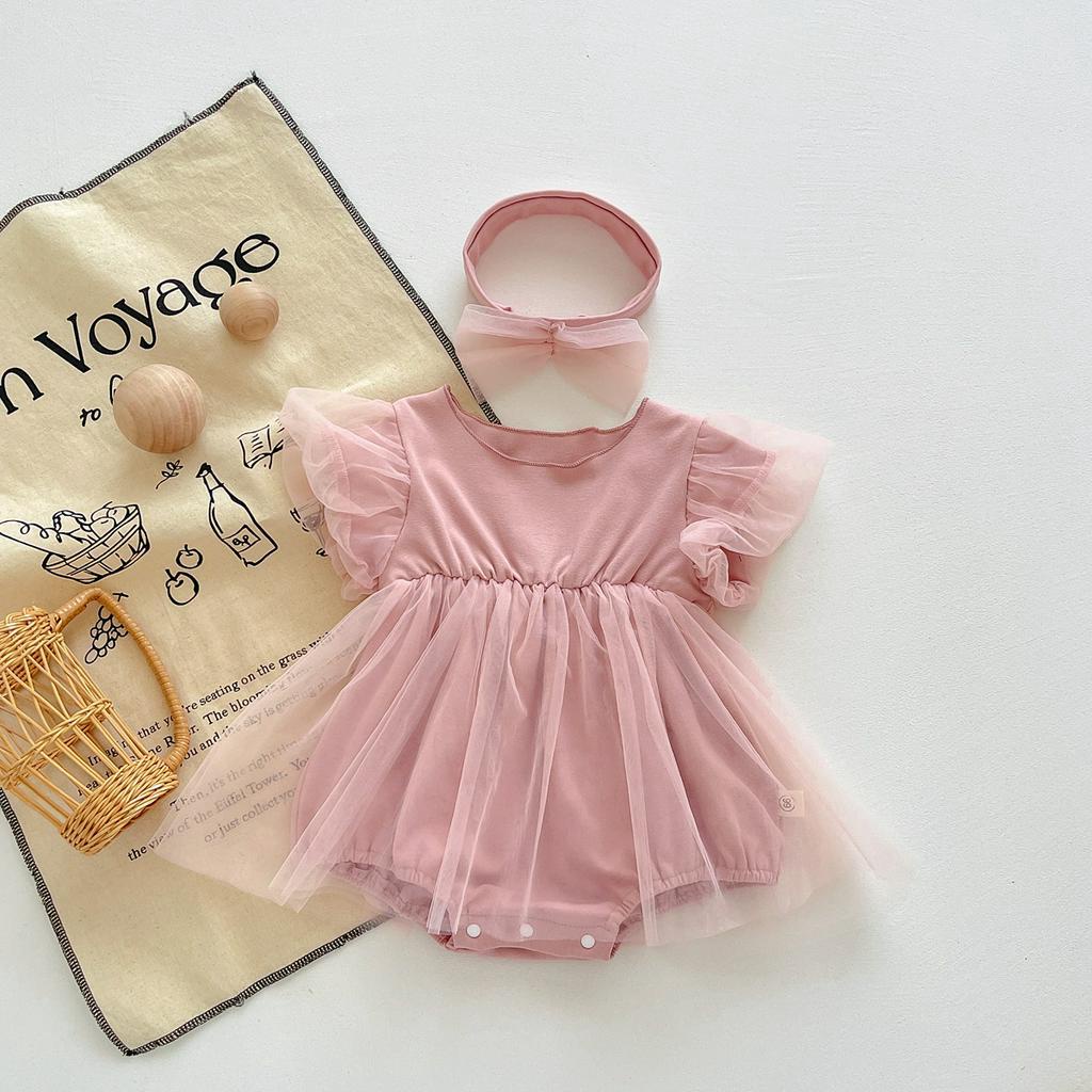 Set đầm công chúa + băng đô nơ dễ thương dành cho bé gái sơ sinh