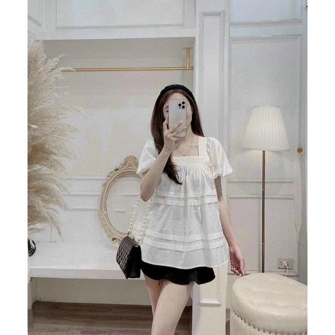Áo bầu kiểu cộc tay cổ vuông | Chất tơ nến mát mịn - Free size 47-65kg