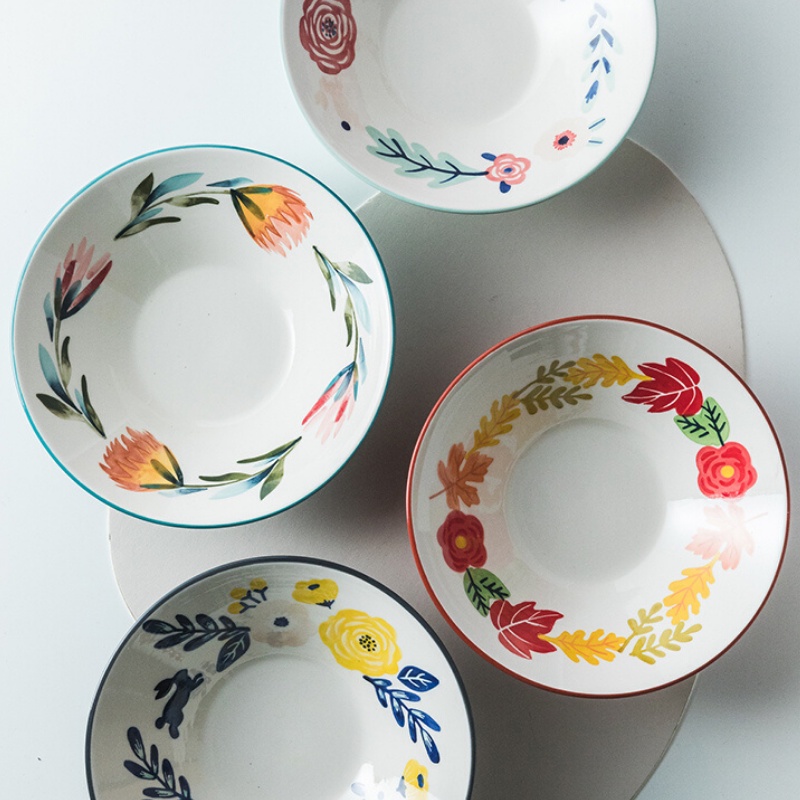 Bát tô sứ - bát tô hình trụ và hình nón tím than phong cách Hàn Quốc họa tiết hoa lá 4 mùa - trang trí căn bếp của bạn