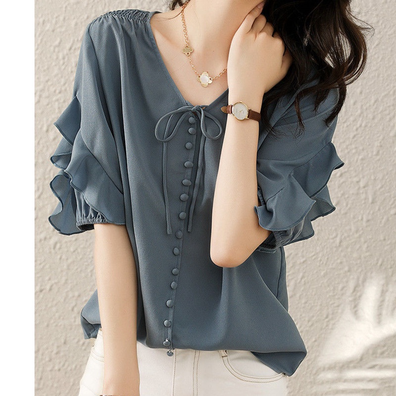 Áo Sơ Mi Ngắn Tay Phối Bèo Phong Cách Pháp 175286 Áo Sơ Mi Dáng Rộng Phong Cách Retro Cá Tính