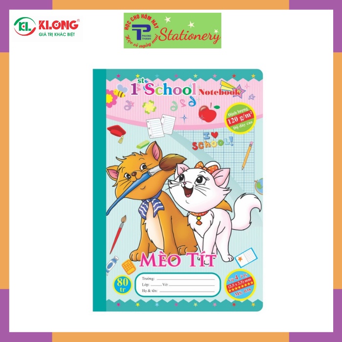 Vở 4 ô ly 48, 80 trang Klong định lượng 120g/m2 bìa hình chích bông, mèo tít, hổ nhi, sóc bi, khăm bun; MS: 038,039
