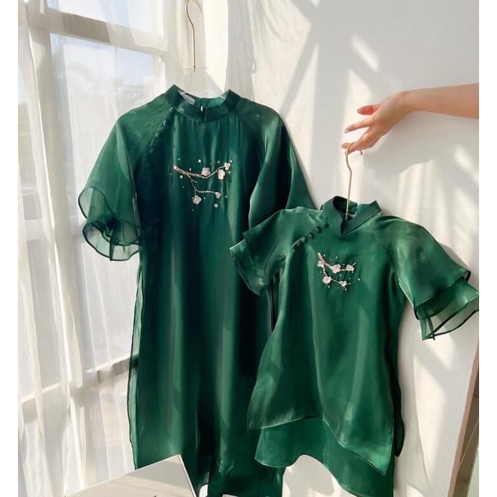 ÁO DÀI MỘC MIÊN MẸ & BÉ HOA MAI KẾT HẠT SIÊU HÓT