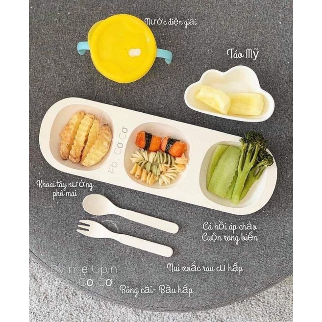 Set khay bát sợi tre 3 ngăn kèm muỗng nĩa cho bé ăn dặm