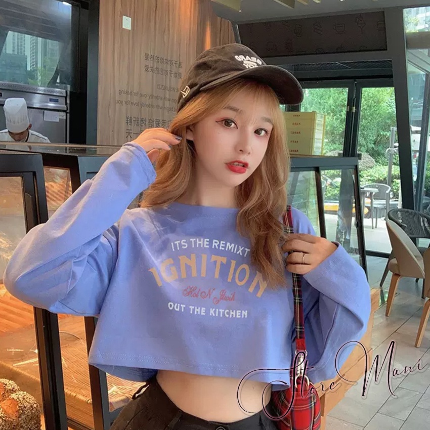 Áo croptop nữ tay dài form rộng vải thun kiểu hàn quốc basic màu đen trắng xanh in hình chữ mặc đẹp