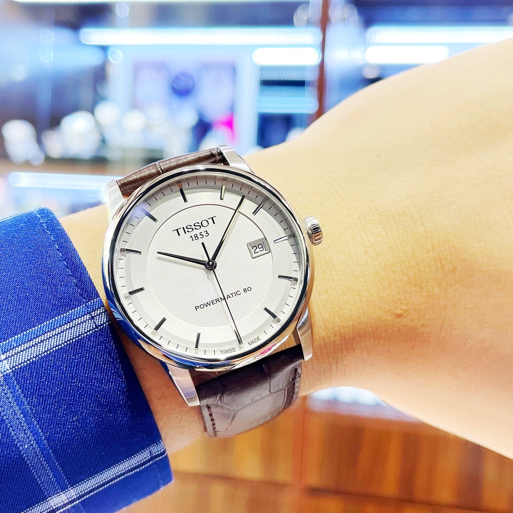 Đồng hồ Nam chính hãng Tissot 1853 Powermatic T086.407.16.031.00 Size 41,Mặt trắng,Lịch ngày-Máy cơ-Dây da nâu cao cấp