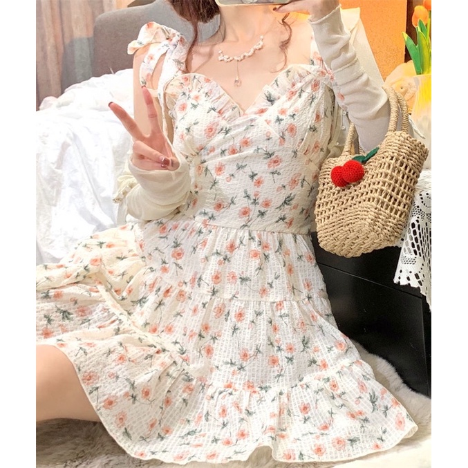 Set Đầm 2 Dây Hoa Nhí Dáng Xoè + Áo Khoác Ngoài Mỏng Viền Bèo | BigBuy360 - bigbuy360.vn