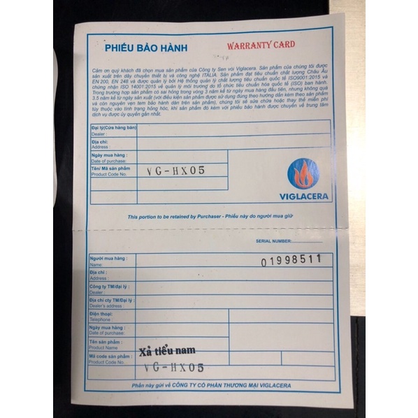 Van xả tiểu nam viglacera VGHX05