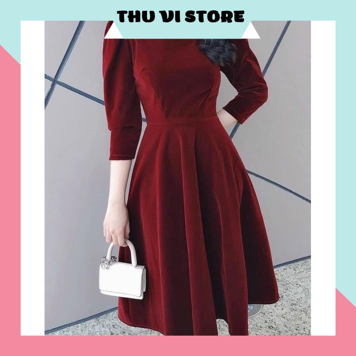 Váy Nhung Nữ, Đầm Nữ Dáng Xòe Cổ Tròn Tay Lửng Đính Nút Vai Chất Nhung Cứng Mịn Đứng Form Màu Đen, Đỏ Siêu Tôn Dáng | BigBuy360 - bigbuy360.vn