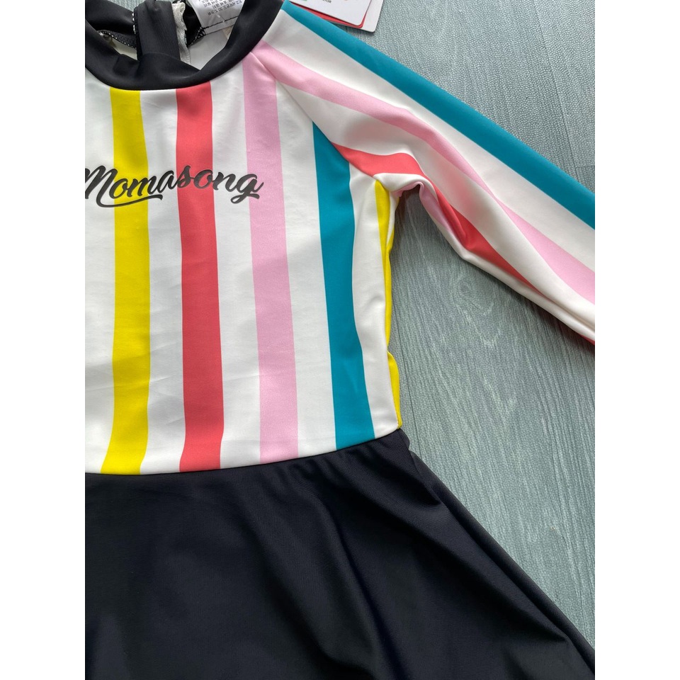 Bộ bơi bé gái dài tay trắng kẻ hồng xanh, liền chân váy, Momasong Korea