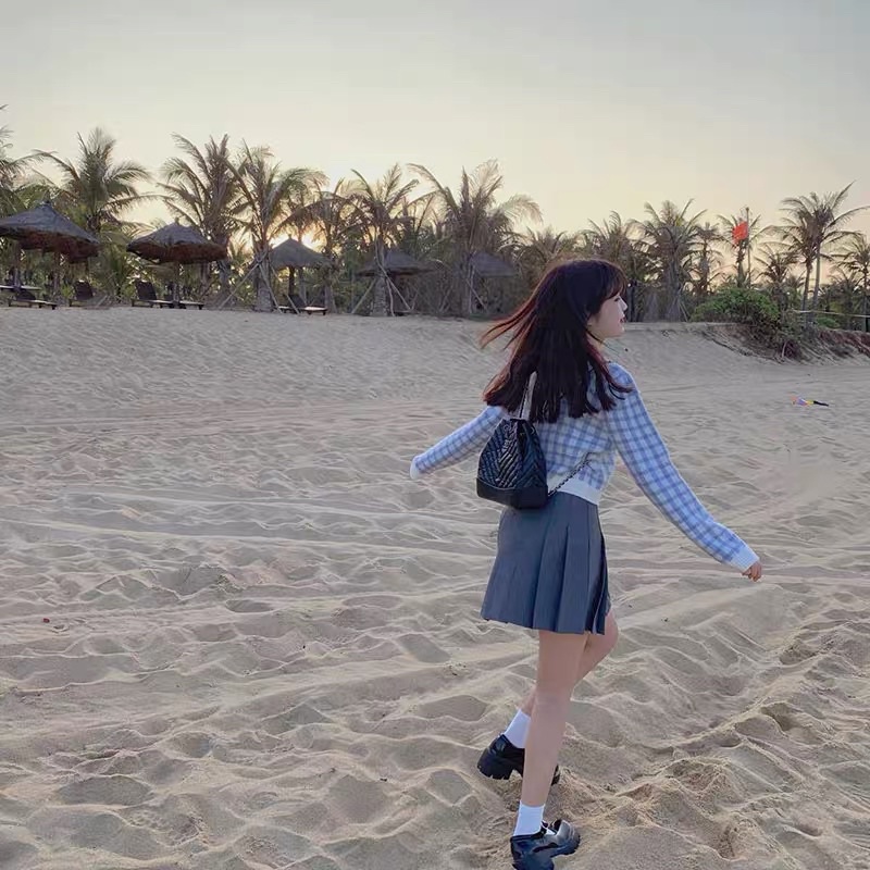 Áo Cardigan Croptop Khoác Ngoài Kẻ Caro Xanh Dương Nữ Cổ Tròn Cúc Bấm