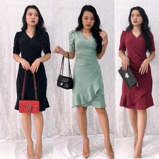 Đầm ôm cổ đắp chéo xếp ly bèo lai,hình mẫ thật a