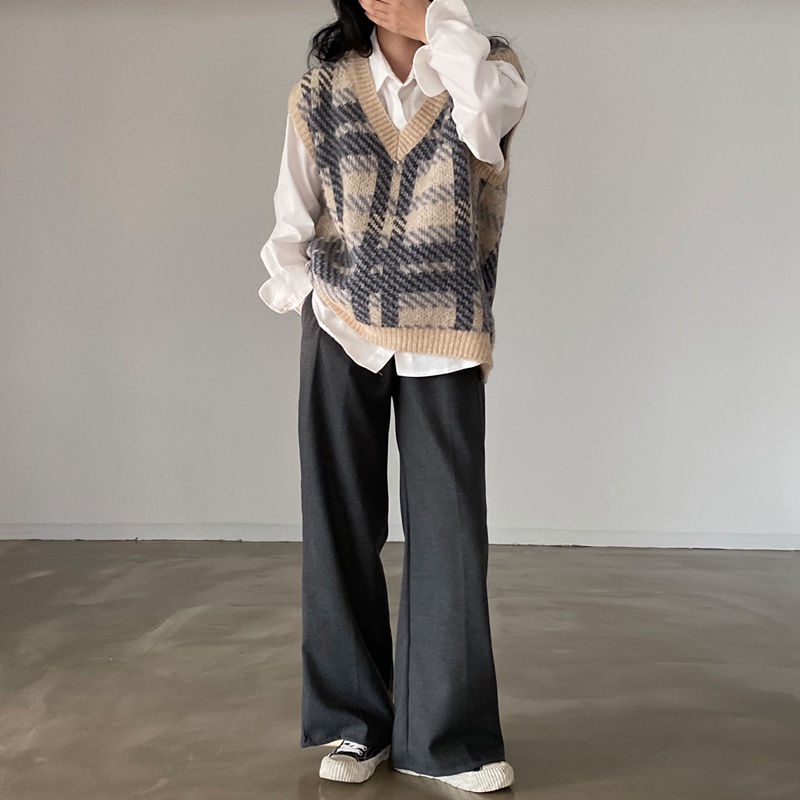 Áo len không tay cổ chữ V họa tiết sọc caro phong cách Hàn Quốc mới cho nữ