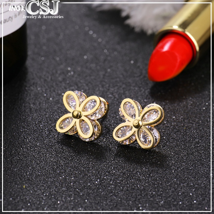 Bông tai nữ titan cao cấp kiểu hoa mai kẹp đá lóng lánh siêu đẹp, bền màu, chuẩn thời trang - tặng hộp đựng xinh xắn