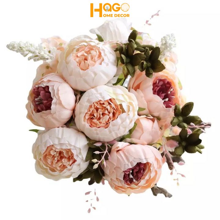 Hoa lụa, cành 8 bông mẫu đơn Peony châu Âu cao cấp 8cm