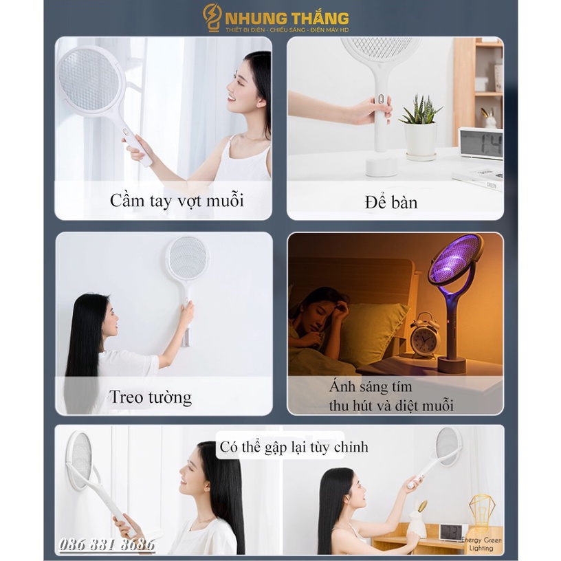 [PIN TRÂU] Vợt Bắt Muỗi AN01 Kiêm Đèn Thu Hút Muỗi - Diệt Muỗi Để Bàn - Treo Tường Tiện Lợi - Đầu Xoay 90 Độ