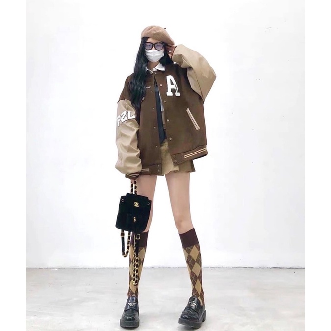 Áo Khoác Nam Nữ Bomber Chữ A Chất Nỉ Phối Tay Da Màu Nâu Tây Siêu Xinh
