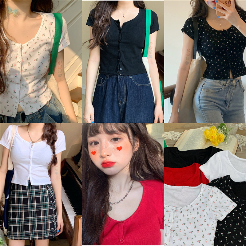 Áo Crop Top Tay Ngắn Có Nút Dễ Phối Đồ Với 5 Màu Tùy Chọn