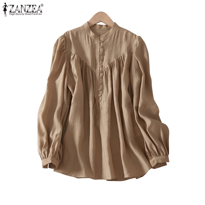 Zanzea Áo Kiểu Tay Phồng Cổ Đứng Xếp Ly Cài Nút Phong Cách Cổ Điển Thời Trang