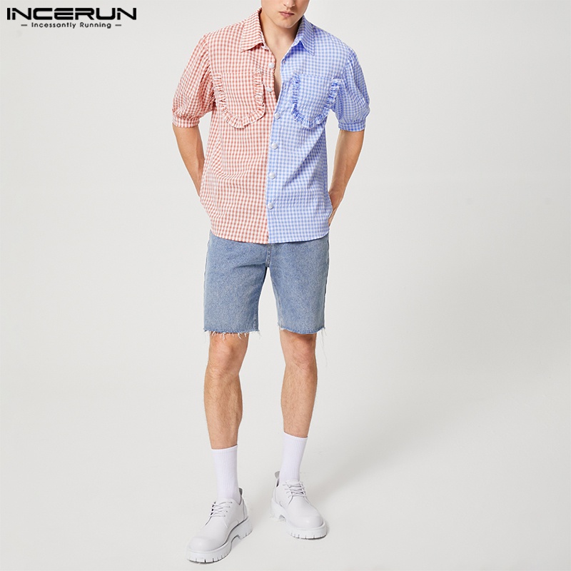 Áo sơ mi Incerun tay ngắn viền nhún bèo in kẻ sọc nhiều màu bắt mắt kiểu mùa hè cho nam