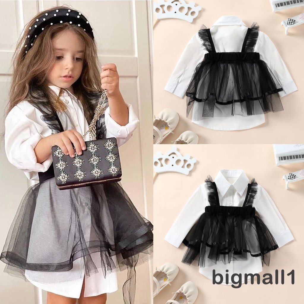 Set áo sơ mi trắng dài tay và đầm yếm phối lưới đen thời trang cho bé gái