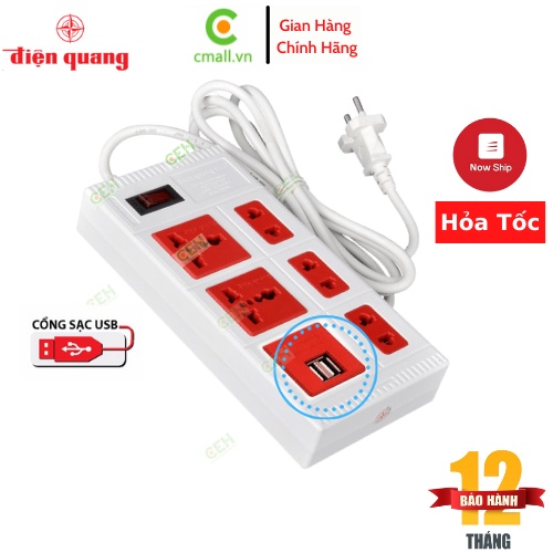 Ổ Cắm Điện Đa Năng ECO Điện Quang, 5 Ổ Điện Chịu Tải 2500W Dây Nối 2-5 Mét Chống Cháy Cùng 2 Cổng USB Sạc Nhanh 5V-2.0A