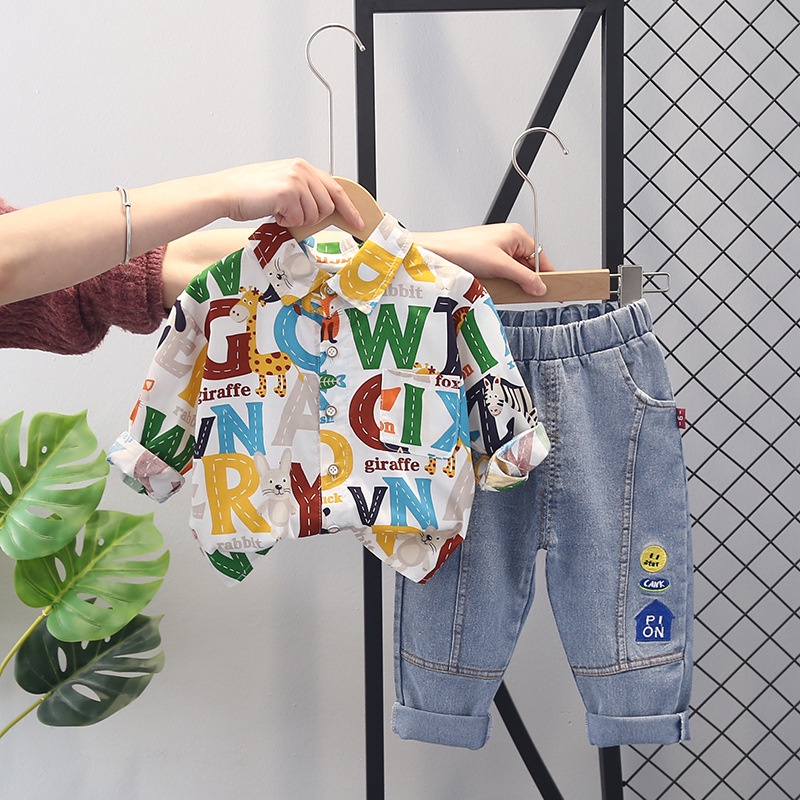 XẢ HÀNG BS12 Size80-120 Set bộ bé trai. Quần bò quần jean dài + Áo sơ mi Thời trang trẻ Em hàng quảng châu