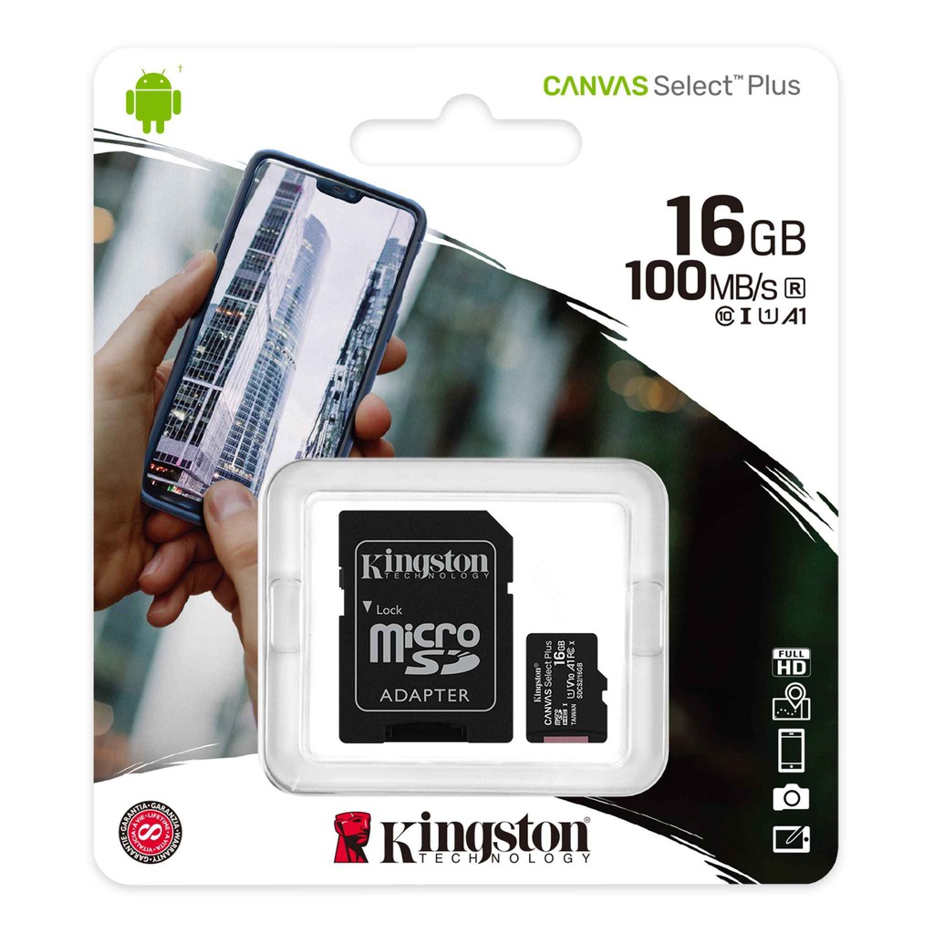 Thẻ nhớ microSDHC Kingston Canvas Select Plus 16GB 100MB/s U1 V10 A1 - Kèm Adapter (Đen)