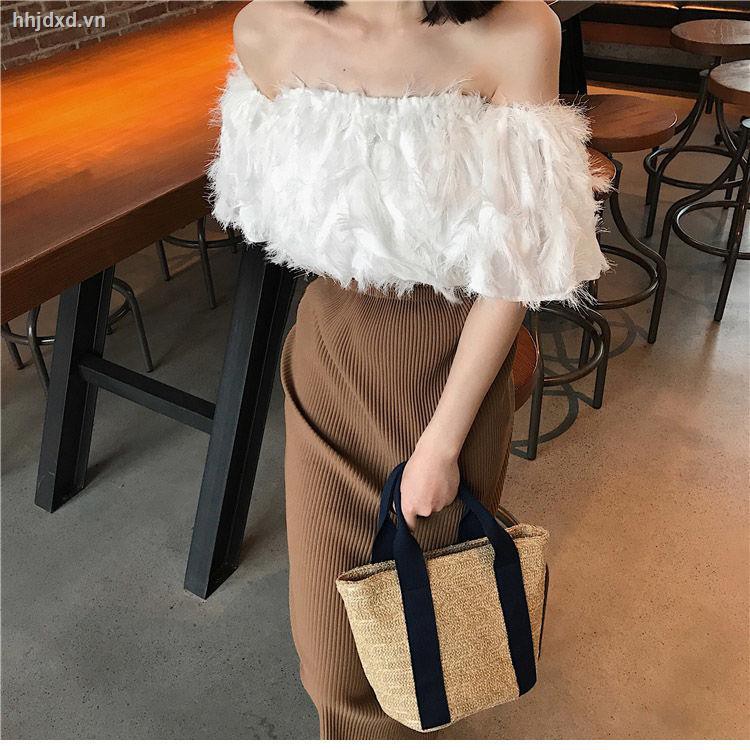 Áo voan trễ vai phối lông vũ thời trang quyến rũ dành cho nữ