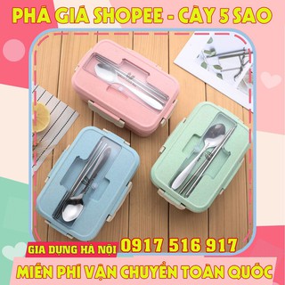 Hộp đựng cơm lúa mạch 3 ngăn tặng đũa và thìa inox
