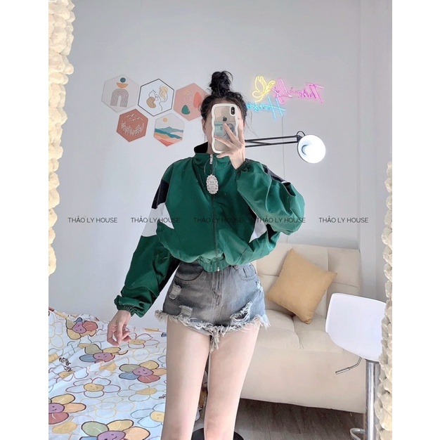 Áo khoác dù lửng croptop không nón 2 lớp phối tay phồng cánh dơi unisex ulzzang nam nữ