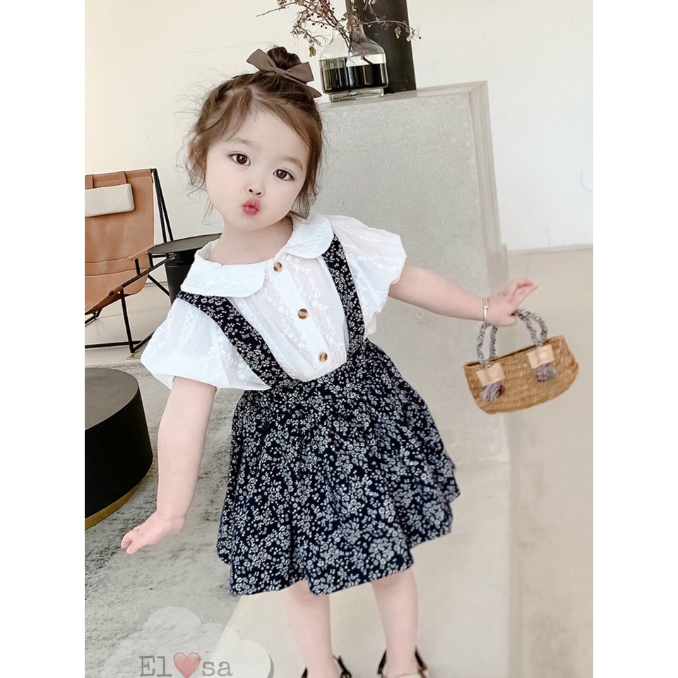 Set Yếm Chân Váy Thô Hoa Kèm Áo Cộc Tay Điệu Đà Cho Bé DOBO040