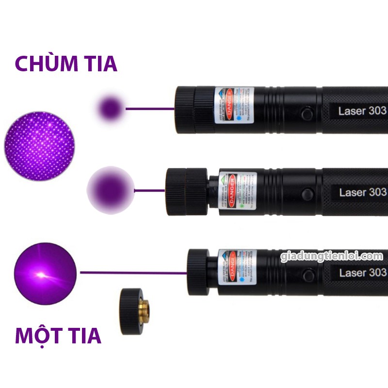 Combo đèn chiếu tia laser 303 (đèn + sạc + pin 4800mAh) - bút lazer tia sáng xanh-đỏ-tím