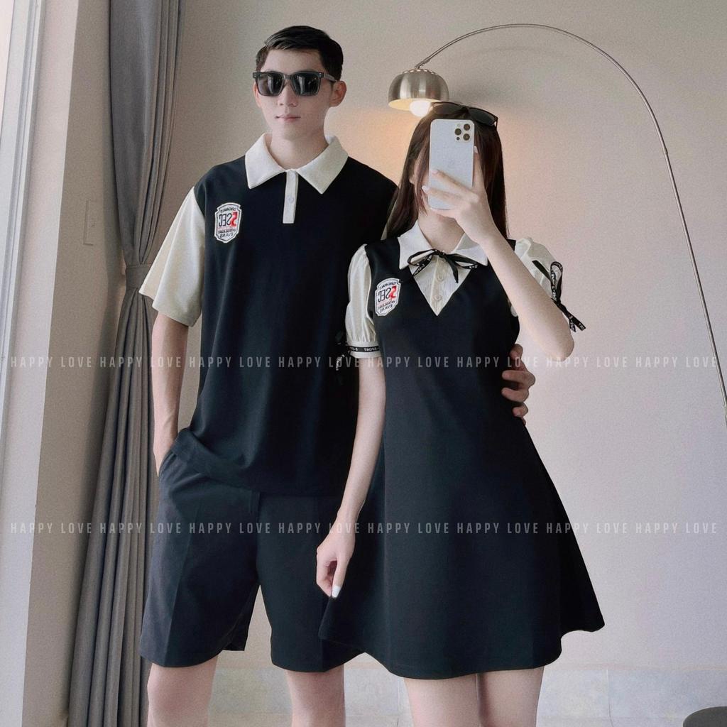 Đồ đôi nam nữ couple set áo váy polo màu đen logo thêu phong cách hàn quốc HAPPYLOVE H86