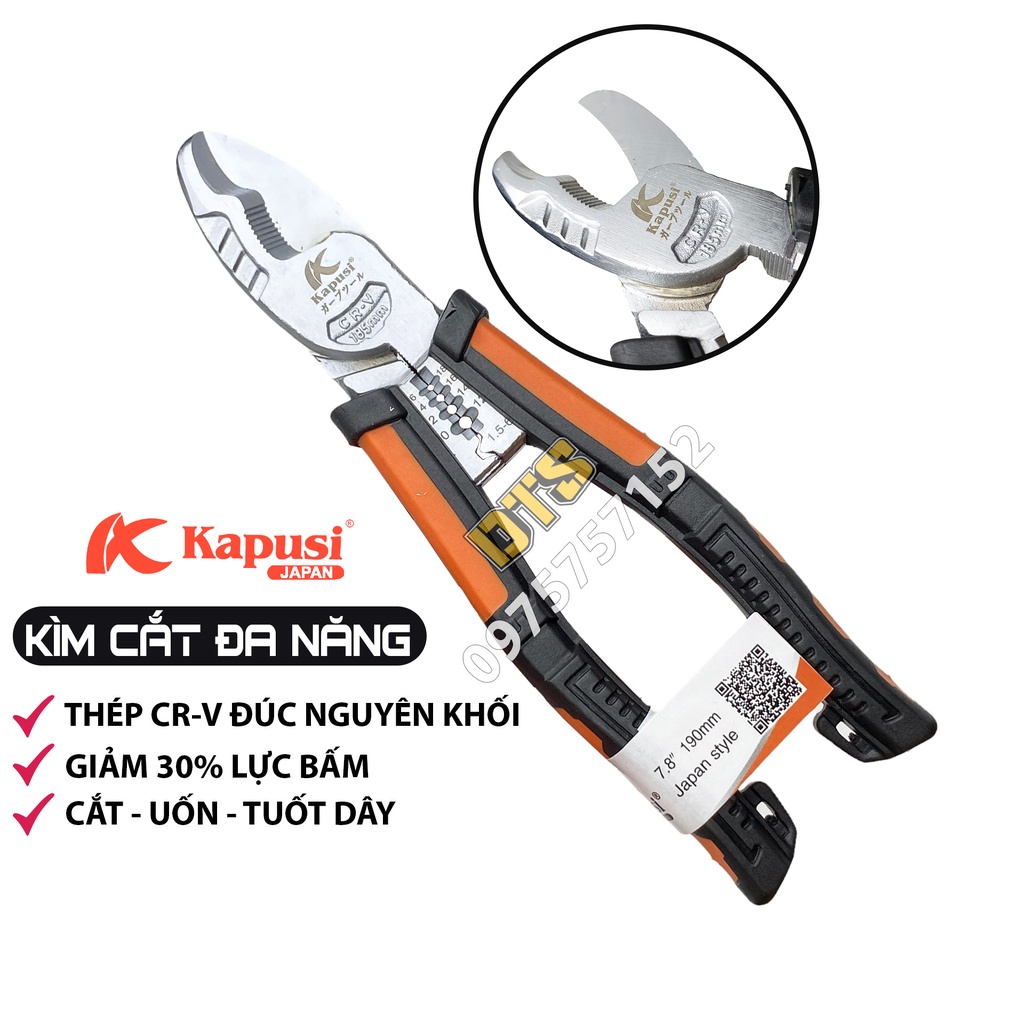 Kìm cắt đa năng thép Nhật CR-V đúc nguyên khối Kapusi JAPAN 190mm thiết kế tiên tiến tiết kiệm 30% lực bấm, kìm đa năng