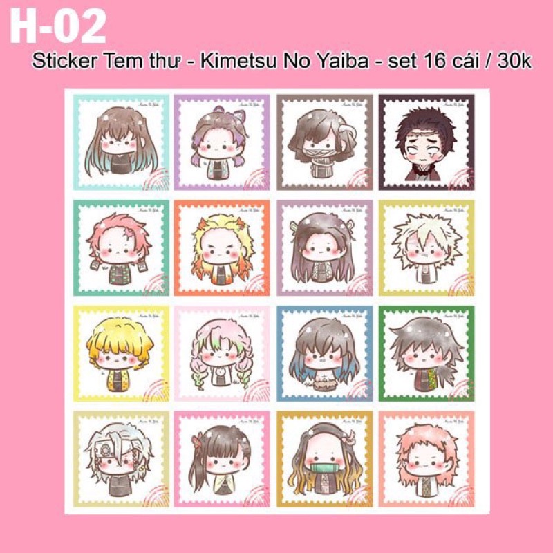 Sticker dán tem thư anime Kimetsu no yaiba 16 cái ép lụa khác nhau