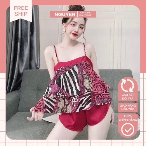 Đồ Bộ Nữ NGUYEN, Set Bộ 2 Dây Tầng Thân Sau Thắt Nơ Quần Cọc Chất Voan Phối Lụa Mềm Mịn, Thoáng Mát.