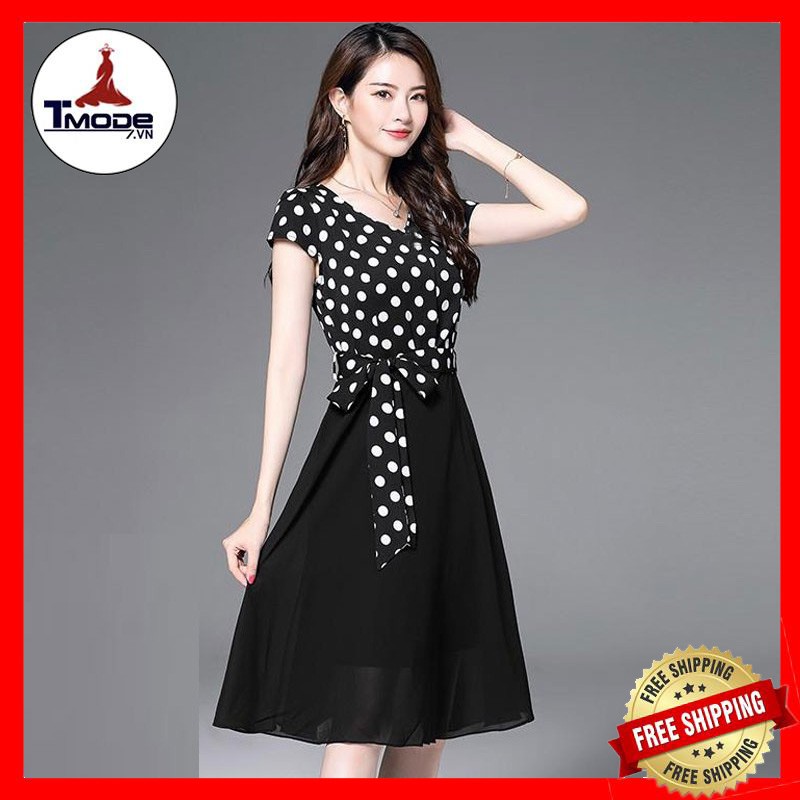 [VIDEO + ẢNH THẬT] ĐẦM XÒE CHẤM BI SIZE M, L, XL TAY CON CỘT NƠ THỜI TRANG CÔNG SỞ | BigBuy360 - bigbuy360.vn