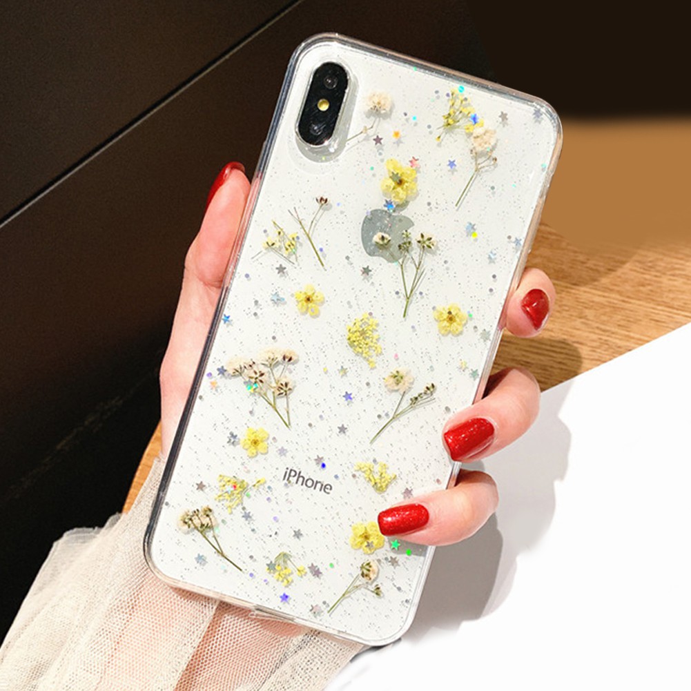 Ốp điện thoại nhựa trong suốt ép hoa khô nữ tính cho các dòng iPhone