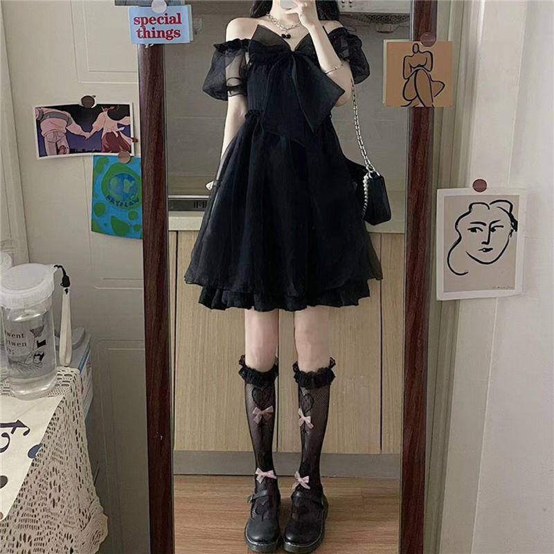 Đầm chữ A tay ngắn phối lưới đính nơ thời trang phong cách lolita xinh xắn dành cho nữ